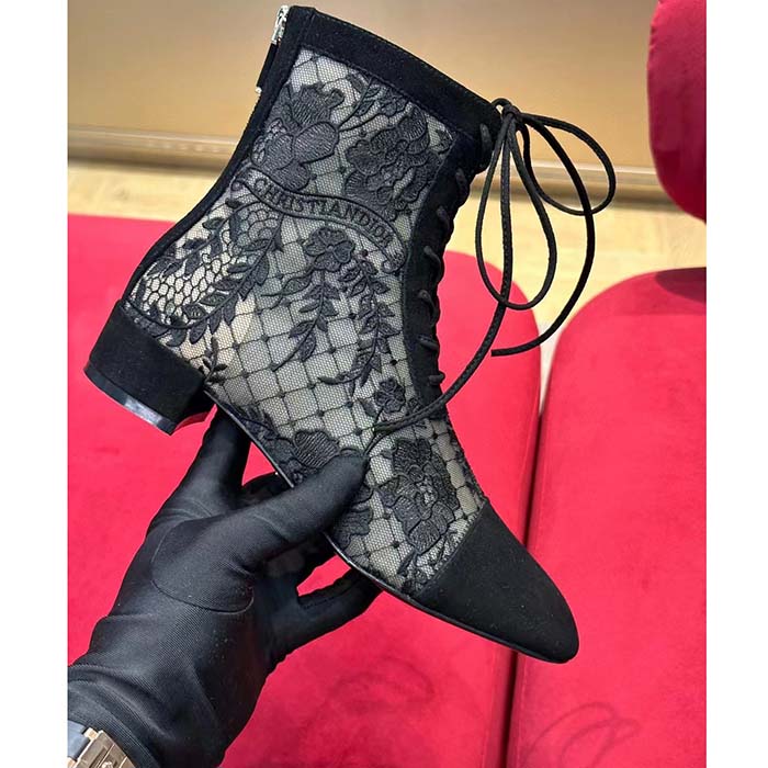 Dior Women CD Naughtily-D Ankle Boot Black Transparent Mesh Suede Embroidered Roses