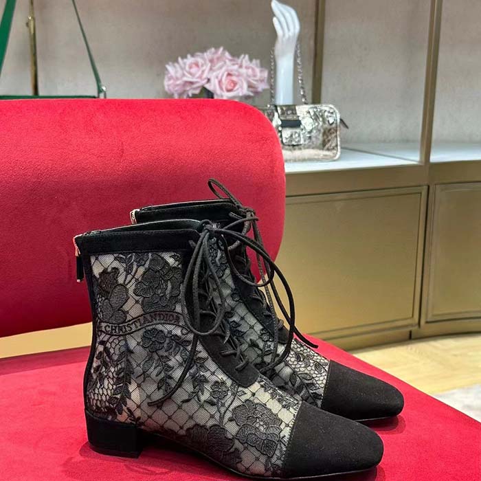 Dior Women CD Naughtily-D Ankle Boot Black Transparent Mesh Suede Embroidered Roses