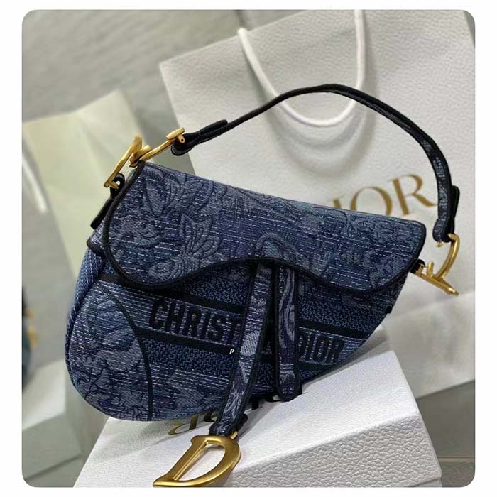 Dior Women CD Saddle Bag Denim Blue Albero Della Vita Embroidery