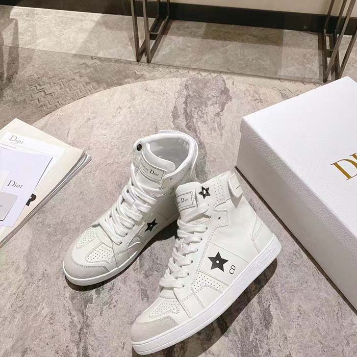 Dior Women CD Shoes Dior Star High-Top Sneaker White Calfskin Suede