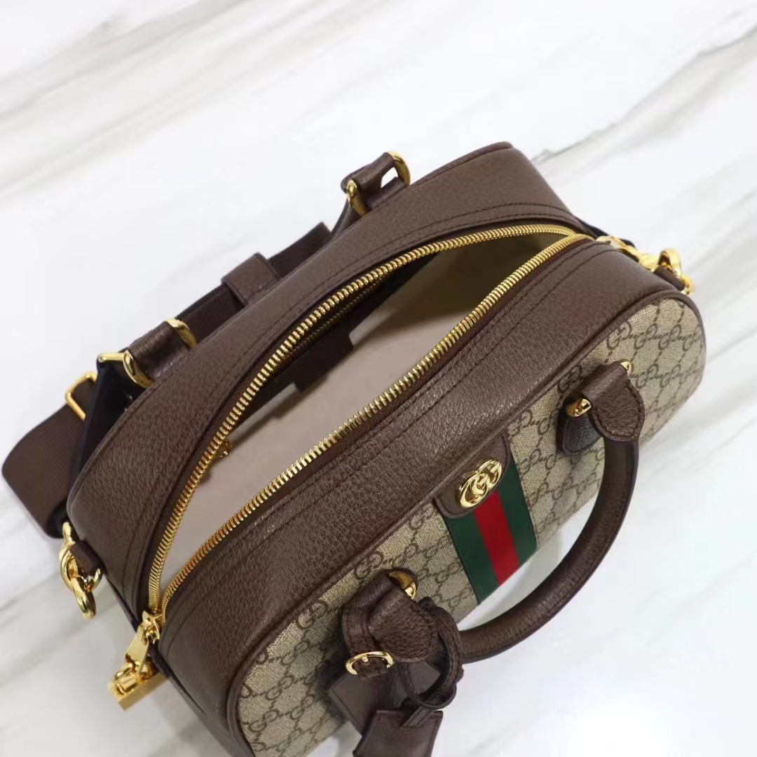 Gucci GG Unisex Savoy Medium Bowling Bag Beige Ebony GG Supreme Canvas Double G