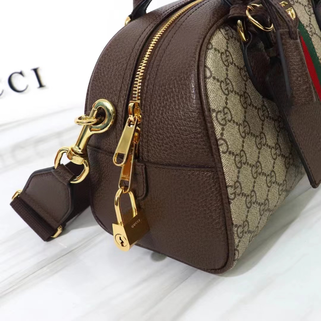 Gucci GG Unisex Savoy Medium Bowling Bag Beige Ebony GG Supreme Canvas Double G