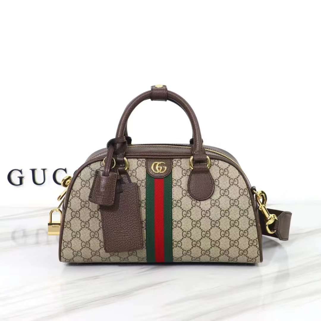 Gucci GG Unisex Savoy Medium Bowling Bag Beige Ebony GG Supreme Canvas Double G