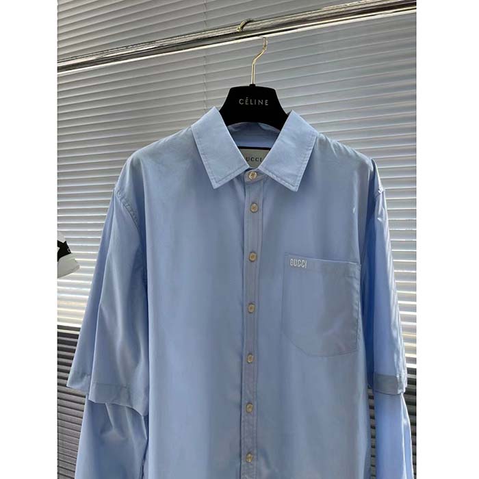 Gucci Men Cotton Poplin Embroidery Light Blue Piece Dyed Point Collar Detachable Sleeves