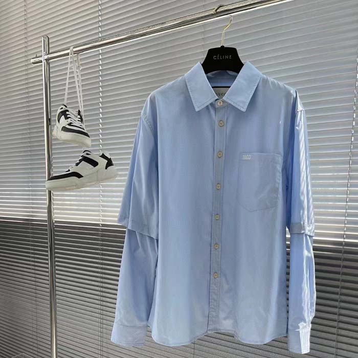 Gucci Men Cotton Poplin Embroidery Light Blue Piece Dyed Point Collar Detachable Sleeves