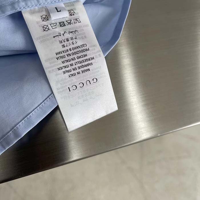 Gucci Men Cotton Poplin Embroidery Light Blue Piece Dyed Point Collar Detachable Sleeves