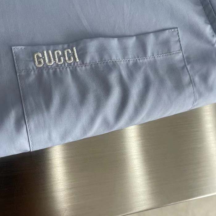 Gucci Men Cotton Poplin Embroidery Light Blue Piece Dyed Point Collar Detachable Sleeves