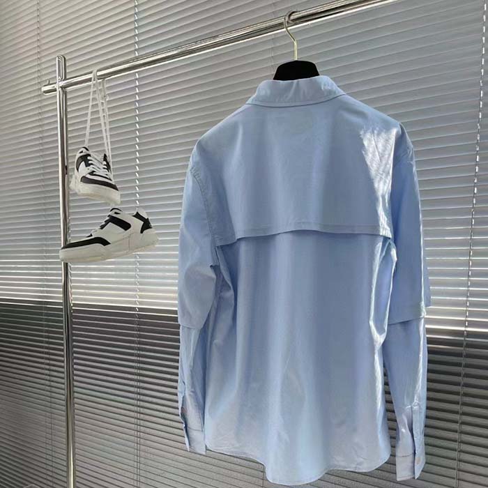 Gucci Men Cotton Poplin Embroidery Light Blue Piece Dyed Point Collar Detachable Sleeves
