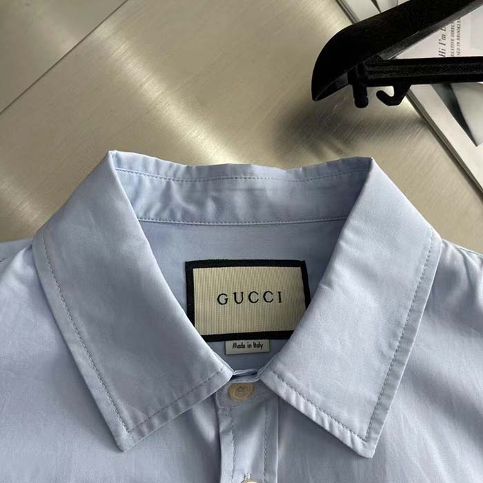 Gucci Men Cotton Poplin Embroidery Light Blue Piece Dyed Point Collar Detachable Sleeves