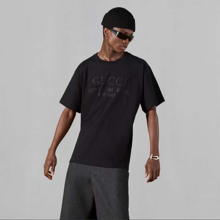 Gucci Men GG Cotton Jersey T-Shirt Black Heavy Cities Embroidery Crewneck Short Sleeves Oversize Fit
