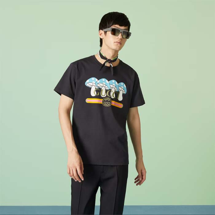 Gucci Men GG Cotton Jersey T-Shirt Print Black Crewneck Short Sleeves Oversize Fit