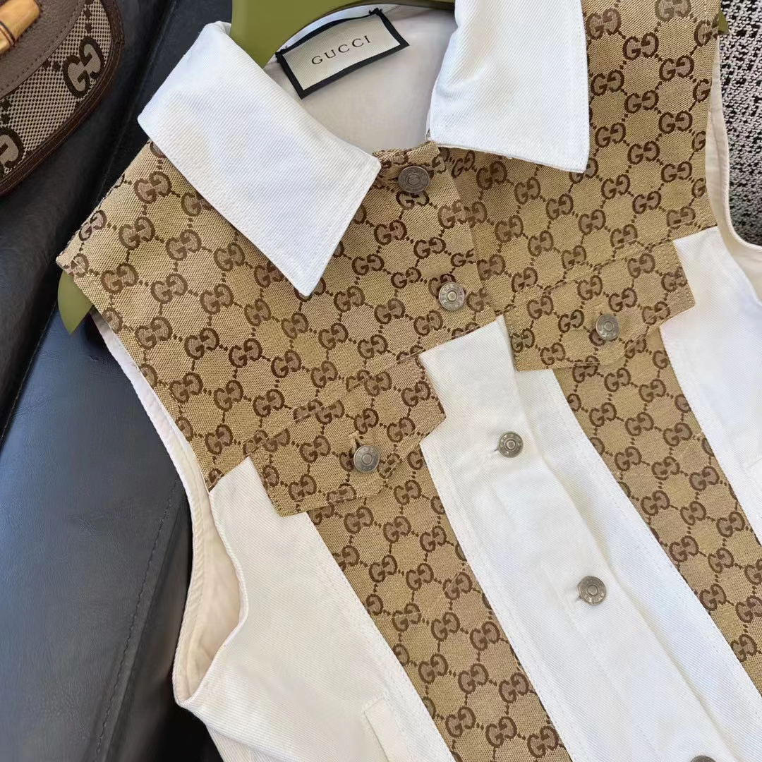 Gucci Men Washed Organic Denim Vest GG Light Blue Stone Bleached Point Collar Sleeveless