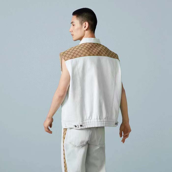 Gucci Men Washed Organic Denim Vest GG Light Blue Stone Bleached Point Collar Sleeveless