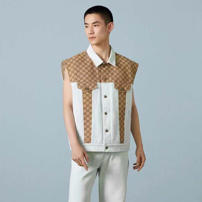 Gucci Men Washed Organic Denim Vest GG Light Blue Stone Bleached Point Collar Sleeveless
