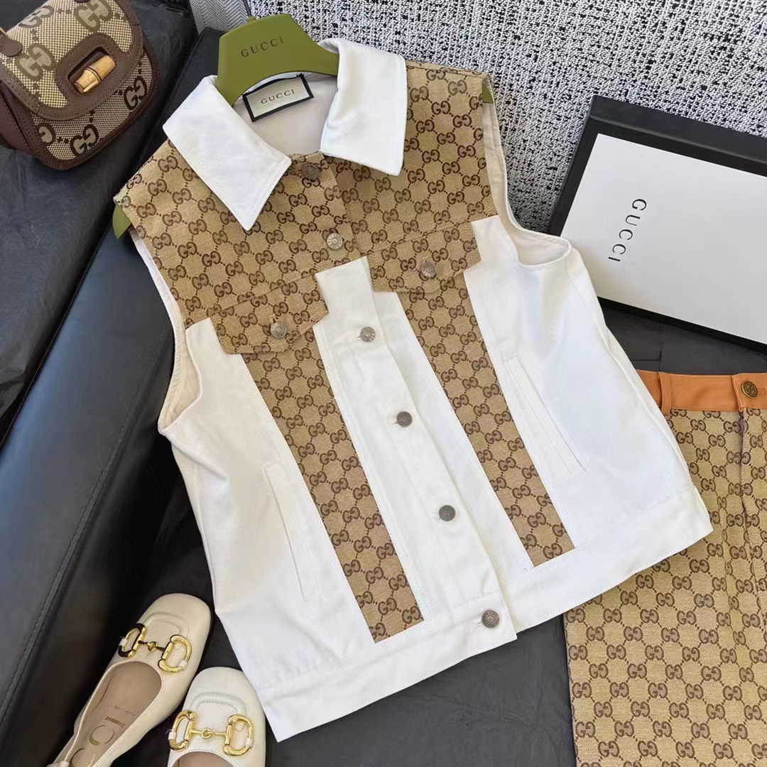 Gucci Men Washed Organic Denim Vest GG Light Blue Stone Bleached Point Collar Sleeveless