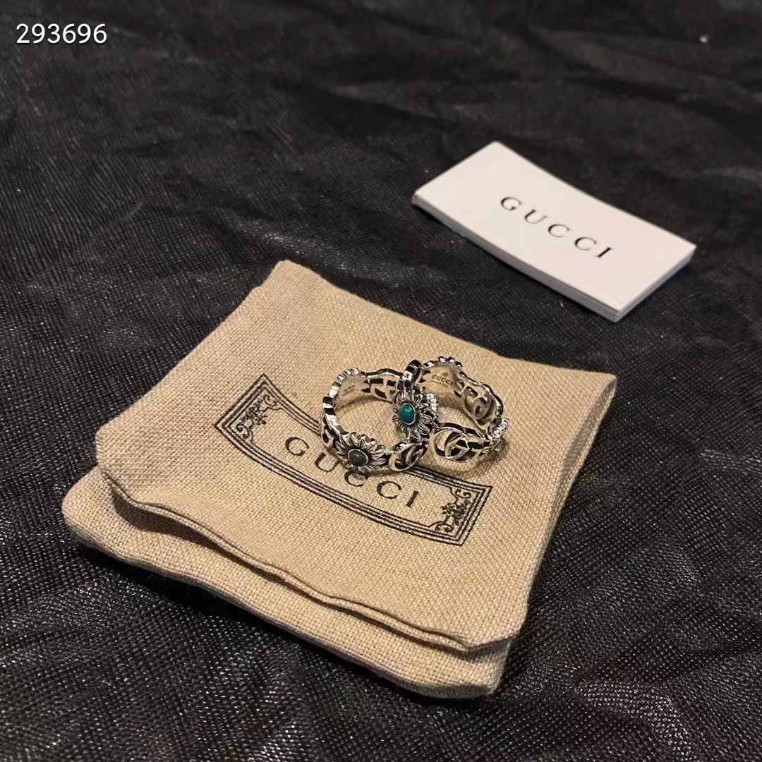 Gucci Unisex Double G Mother Of Pearl Ring Flowers Resin Blue Topaz Stones 925 Sterling Silver