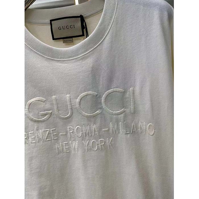 Gucci Women GG Cotton Jersey T-Shirt Off White Heavy Cities Embroidery Crewneck Short Sleeves Oversize Fit