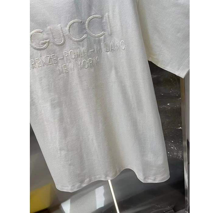 Gucci Women GG Cotton Jersey T-Shirt Off White Heavy Cities Embroidery Crewneck Short Sleeves Oversize Fit