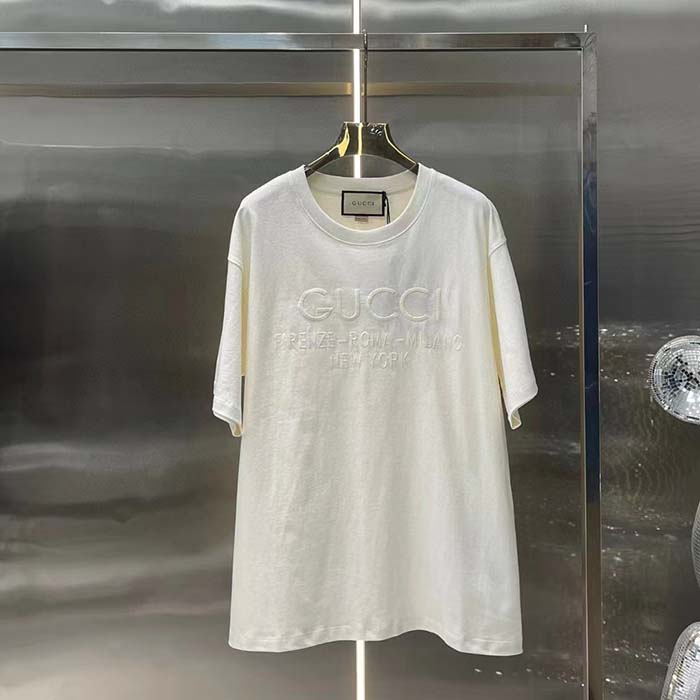 Gucci Women GG Cotton Jersey T-Shirt Off White Heavy Cities Embroidery Crewneck Short Sleeves Oversize Fit