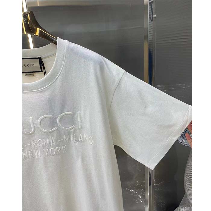 Gucci Women GG Cotton Jersey T-Shirt Off White Heavy Cities Embroidery Crewneck Short Sleeves Oversize Fit
