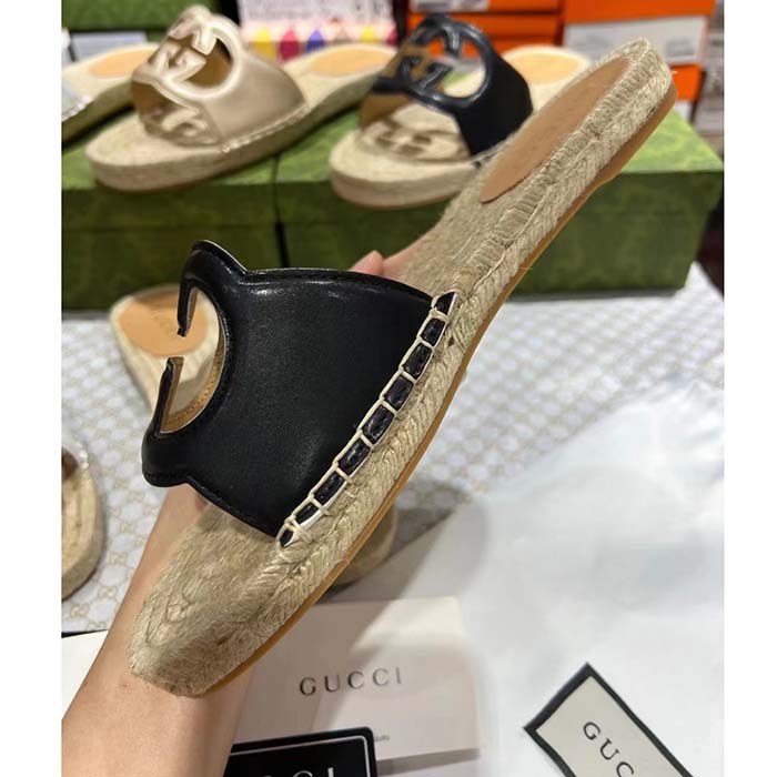Gucci Unisex GG Interlocking G Cut-Out Slide Sandal Black Leather Low 3 CM Heel