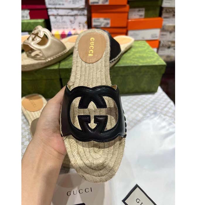 Gucci Unisex GG Interlocking G Cut-Out Slide Sandal Black Leather Low 3 CM Heel