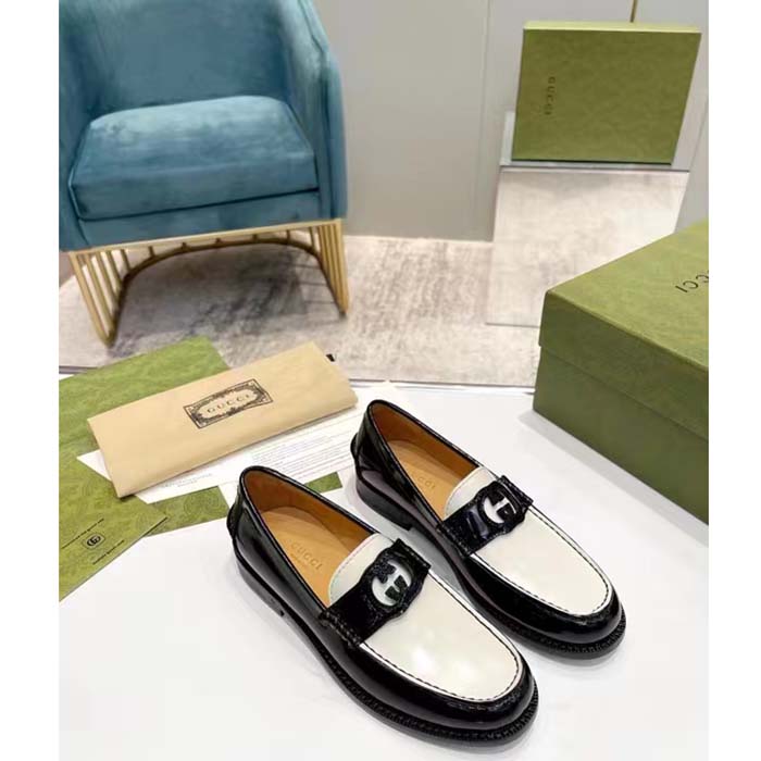 Gucci Unisex GG Interlocking G Loafer Black White Leather Sole Flat 1.5 CM Heel