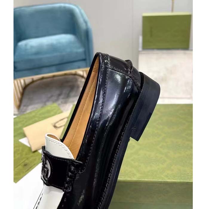 Gucci Unisex GG Interlocking G Loafer Black White Leather Sole Flat 1.5 CM Heel