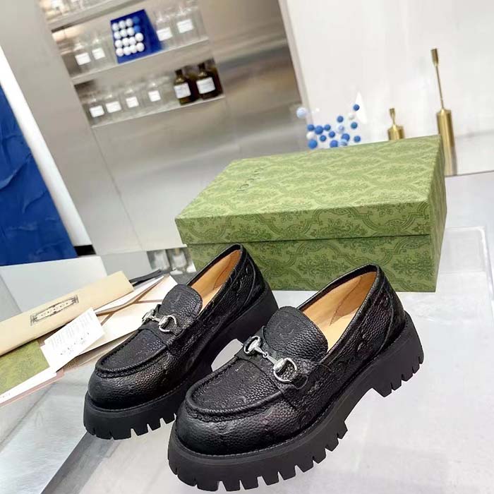 Gucci Unisex GG Lug Loafer Black GG Leather Horsebit Rubber Sole 1.5 CM Heel Height