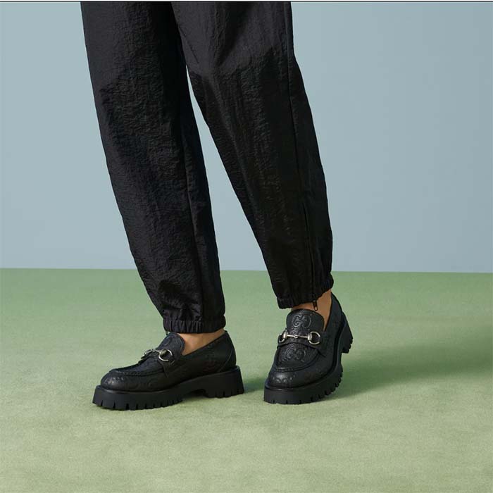 Gucci Unisex GG Lug Loafer Black GG Leather Horsebit Rubber Sole 1.5 CM Heel Height