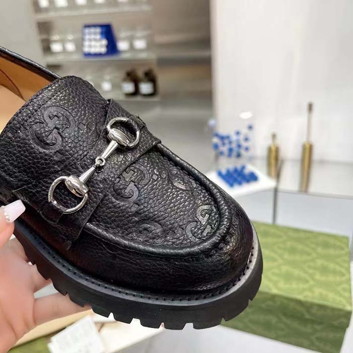Gucci Unisex GG Lug Loafer Black GG Leather Horsebit Rubber Sole 1.5 CM Heel Height