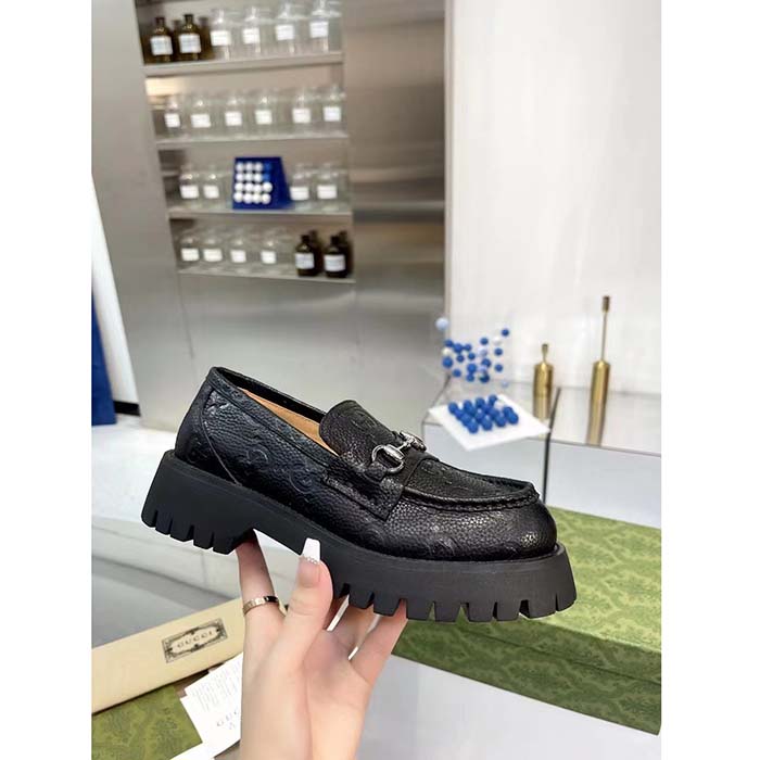 Gucci Unisex GG Lug Loafer Black GG Leather Horsebit Rubber Sole 1.5 CM Heel Height