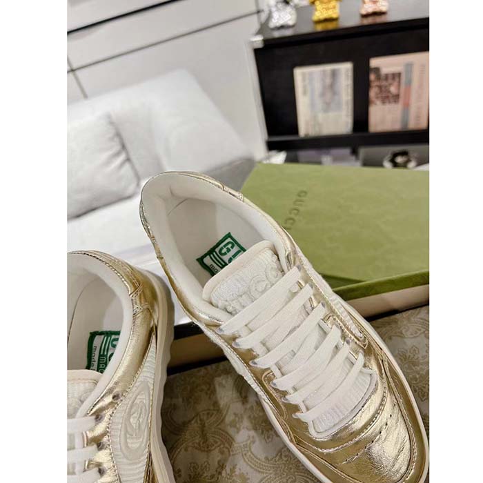 Gucci Unisex GG MAC80 Sneaker Metallic Gold Leather Interlocking G Embroidery Round Toe Rubber Flat