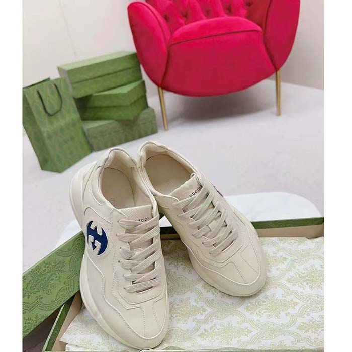 Gucci Unisex Interlocking G Rhyton Sneakers Ivory Leather Navy Cut-Out Rubber Sole
