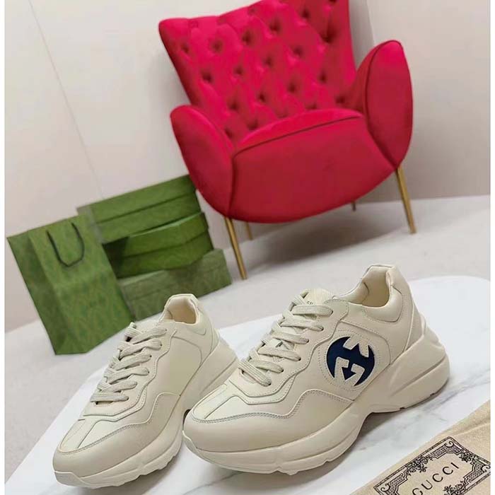 Gucci Unisex Interlocking G Rhyton Sneakers Ivory Leather Navy Cut-Out Rubber Sole