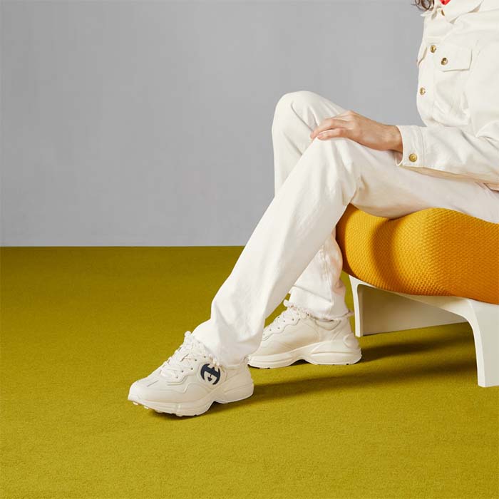 Gucci Unisex Interlocking G Rhyton Sneakers Ivory Leather Navy Cut-Out Rubber Sole