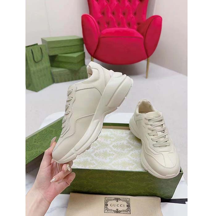 Gucci Unisex Interlocking G Rhyton Sneakers Ivory Leather Navy Cut-Out Rubber Sole