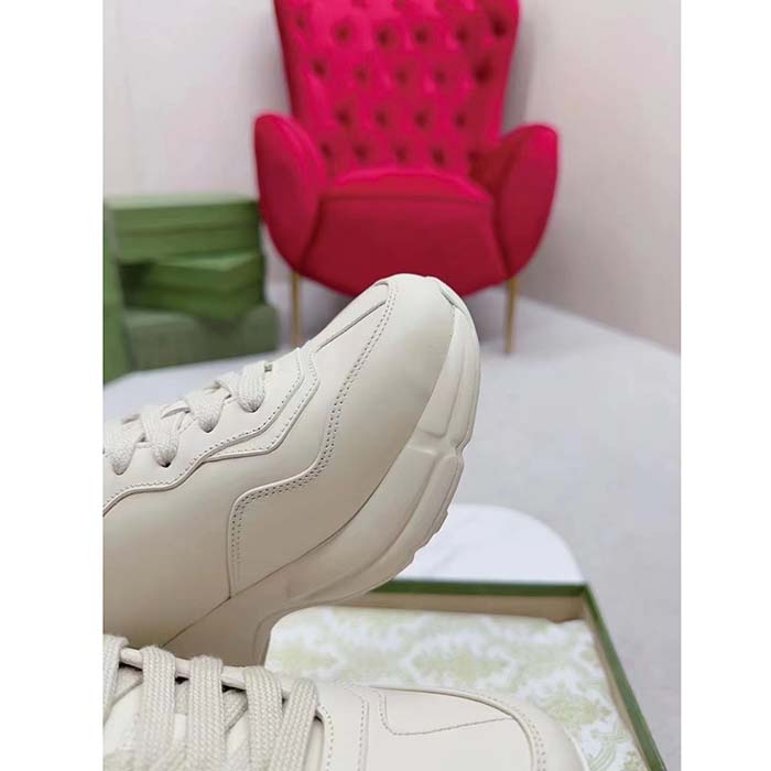 Gucci Unisex Interlocking G Rhyton Sneakers Ivory Leather Navy Cut-Out Rubber Sole