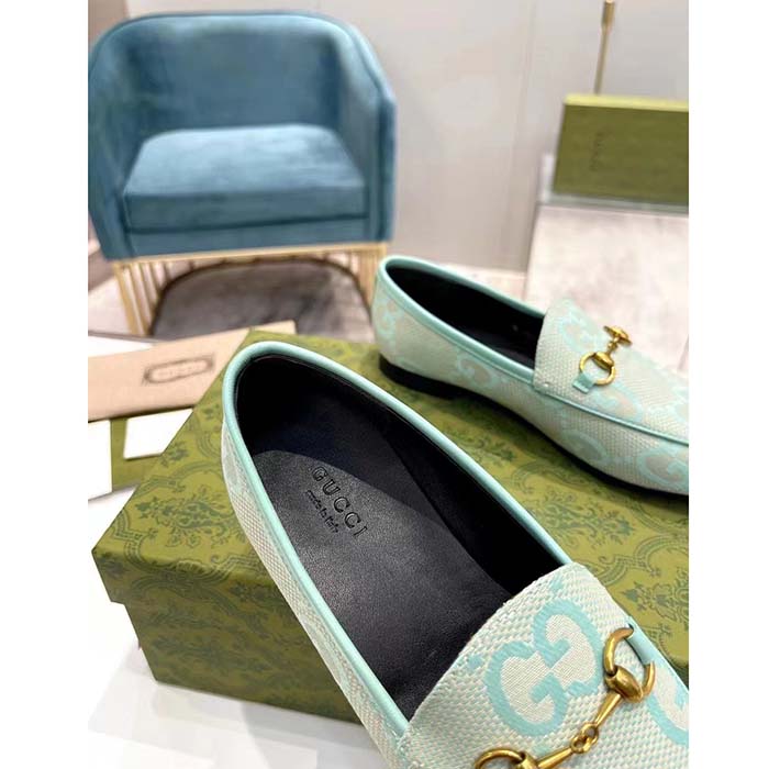 Gucci Unisex Jordaan Jumbo GG Loafer Beige Mint Green Canvas Leather Sole Horsebit