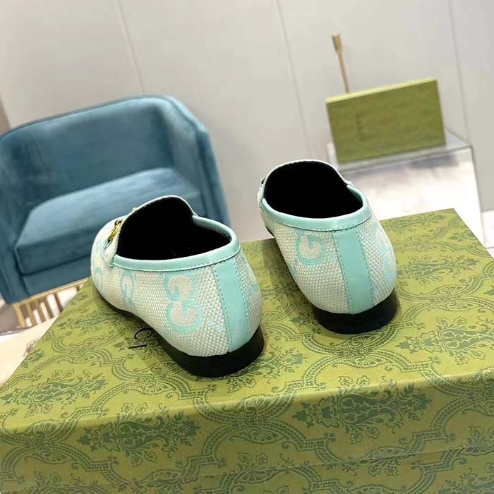Gucci Unisex Jordaan Jumbo GG Loafer Beige Mint Green Canvas Leather Sole Horsebit