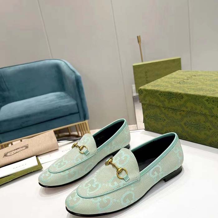 Gucci Unisex Jordaan Jumbo GG Loafer Beige Mint Green Canvas Leather Sole Horsebit