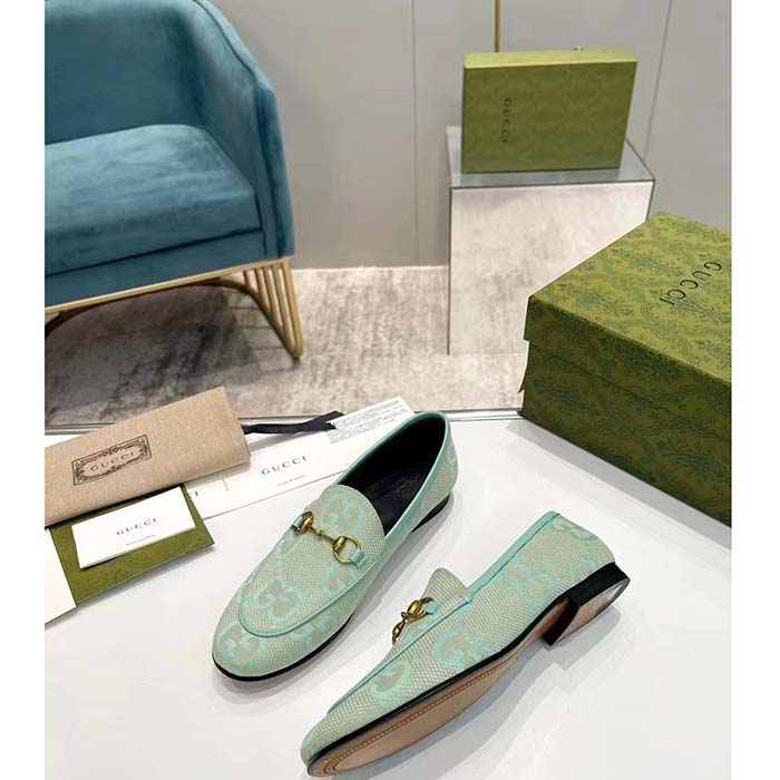 Gucci Unisex Jordaan Jumbo GG Loafer Beige Mint Green Canvas Leather Sole Horsebit