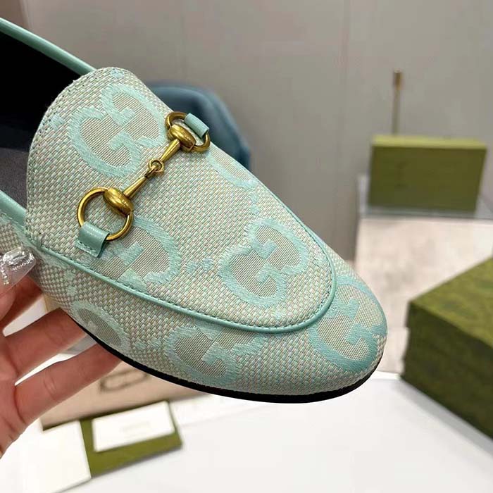 Gucci Unisex Jordaan Jumbo GG Loafer Beige Mint Green Canvas Leather Sole Horsebit