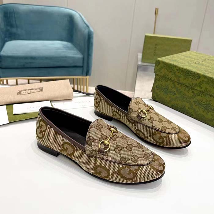 Gucci Unisex Jordaan Jumbo GG Loafer Camel Ebony Maxi GG Canvas Brown Leather Piping