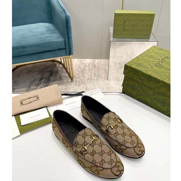 Gucci Unisex Jordaan Jumbo GG Loafer Camel Ebony Maxi GG Canvas Brown Leather Piping