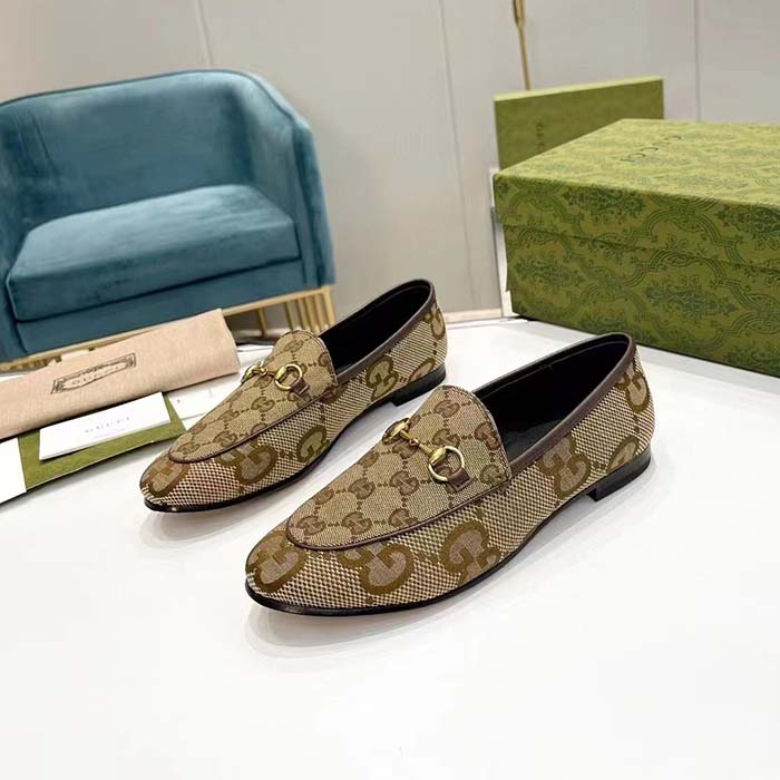 Gucci Unisex Jordaan Jumbo GG Loafer Camel Ebony Maxi GG Canvas Brown Leather Piping