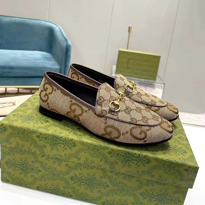 Gucci Unisex Jordaan Jumbo GG Loafer Camel Ebony Maxi GG Canvas Brown Leather Piping