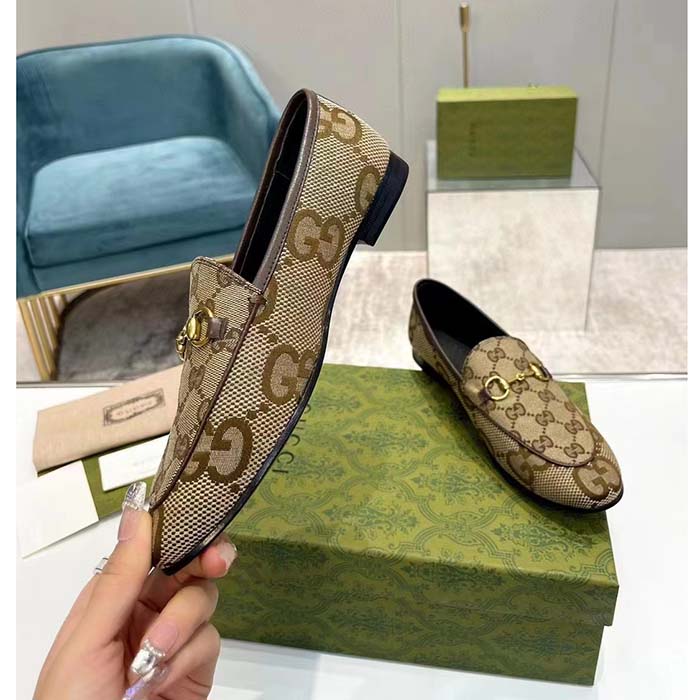 Gucci Unisex Jordaan Jumbo GG Loafer Camel Ebony Maxi GG Canvas Brown Leather Piping
