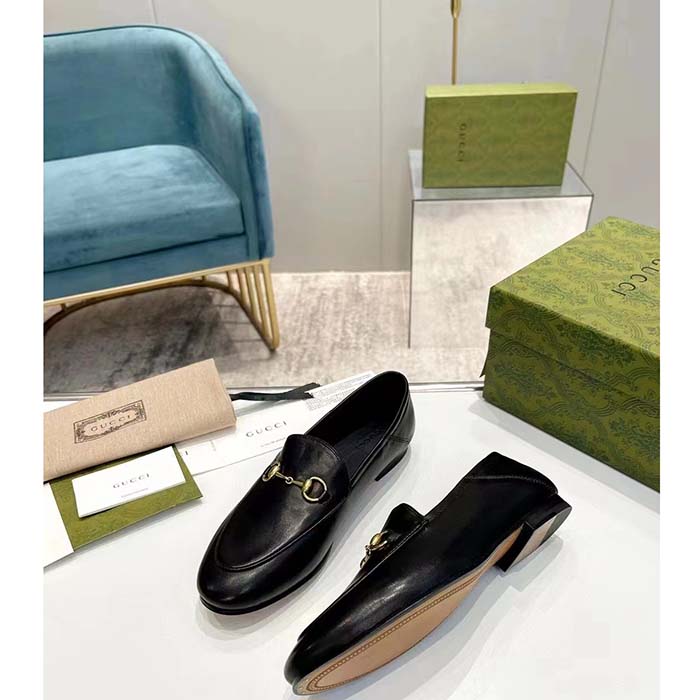 Gucci Unisex Leather Horsebit Loafer Black Slim Shape Sole Flat 1 CM Heel
