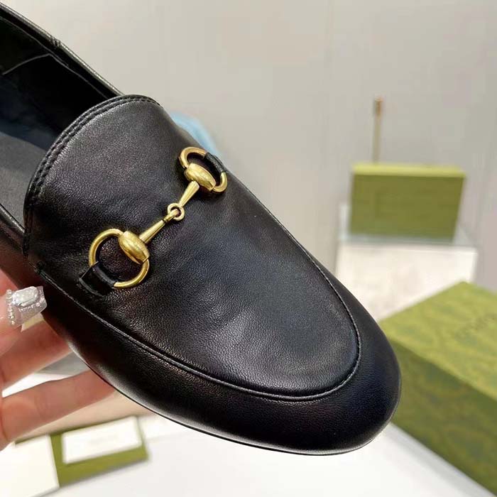 Gucci Unisex Leather Horsebit Loafer Black Slim Shape Sole Flat 1 CM Heel